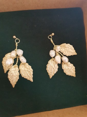 Arianna Bespoke Style #Leaf & pearl short drop earrings - ARE773IVSG #0 default Gold Only thumbnail